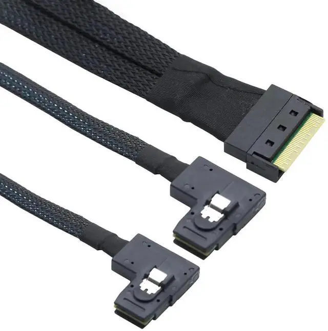 Alt view image 6 of 6 - Anti-Misplug PCIe Slimline SAS SFF-8654 8i to Dual SAS SFF-8087 Right-Angle Server Cable, 32AWG High-Speed Copper Wire Harness (0.5M/19.68in)