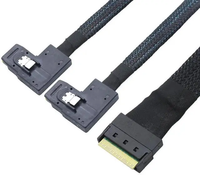 Alt view image 5 of 6 - Anti-Misplug PCIe Slimline SAS SFF-8654 8i to Dual SAS SFF-8087 Right-Angle Server Cable, 32AWG High-Speed Copper Wire Harness (0.5M/19.68in)