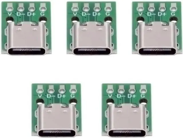 Main image of 5 Pack USB C DIY Connector, Pitch 2.54mm USB 2.0 Type C 4Pin Female Socket Port Repair Replacement Solder Adapter