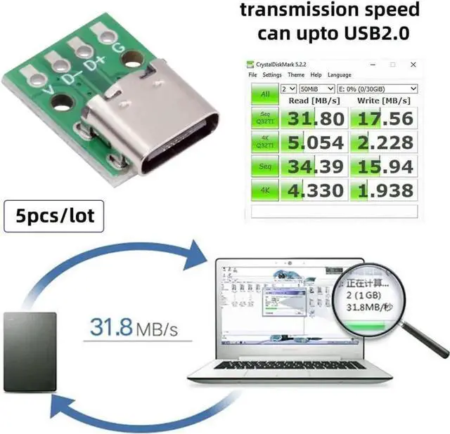 Alt view image 5 of 7 - 5 Pack USB C DIY Connector, Pitch 2.54mm USB 2.0 Type C 4Pin Female Socket Port Repair Replacement Solder Adapter