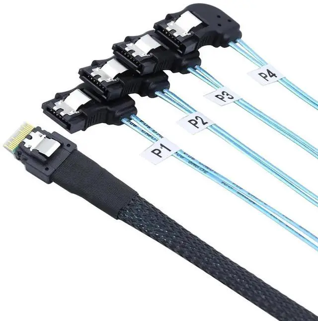 Main image of PCIE Slimline SAS 4.0 SFF-8654 38Pin to 4* SATA 7Pin Left Angle Cable \u2013 High Speed 30AWG Server Data Transfer Cable Compatible with RAID Controller, HDD, SSD (1m/39.37in)