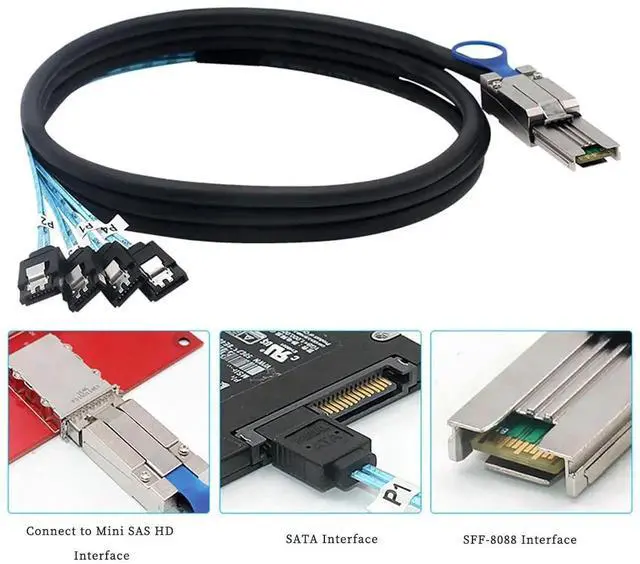 Alt view image 5 of 5 - Mini SAS HD SFF-8088 26P to 4X SATA 7P Female Cable 6Gbps High Speed Server Hard Drive Connection Cable, 28AWG, 10 Ohm (3M)