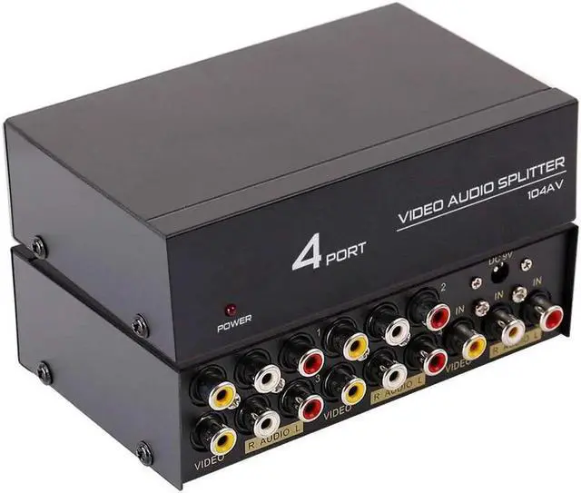 Alt view image 2 of 7 - Powered 4 Way 3 RCA Splitter Box 1 in 4 Out Composite Video Audio Distribution Duplicator with Power Adapter