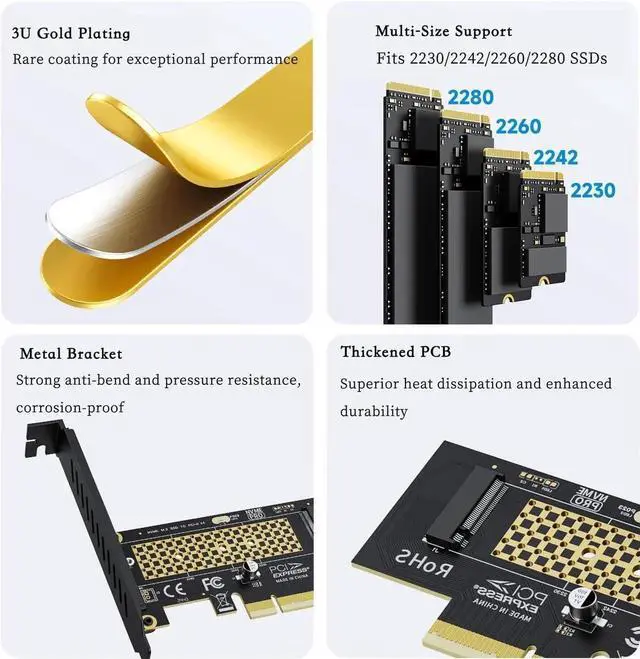 Alt view image 3 of 3 - PCIE to M.2 NVMe B+M Key Expansion Card High Speed Support NVMe 2230 2240 2260 2280 SSD Support PCIe X4 X8 X16 (PCIe4.0 x4 Card)