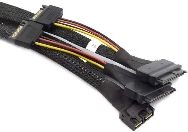 Alt view image 4 of 4 - Mini SAS HD 8643 4i to Dual SAS 8639 with SATA 15-Pin Cable 12Gbps High-Speed Server Interconnect, 32AWG Copper Wire (1m)