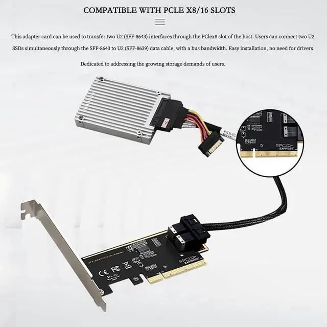 Alt view image 2 of 5 - PCIe 3.0 x16 to U.2 (SFF-8643) NVMe Expansion Card 4/2/1 Port Adapter for U.2 SSDs, Compatible with PCIe x8/x16 Slots (2 Ports)