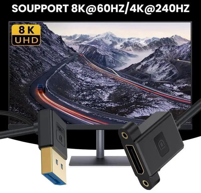 Alt view image 7 of 7 - DisplayPort 1.4 Cable DisplayPort Male to Female 90 Degree Down Angled 8K@60Hz 4K@240Hz 32.4Gbps High Speed Gold Plated Ultrafine Extension Cable Panel Mount Type 0.98FT/0.3M