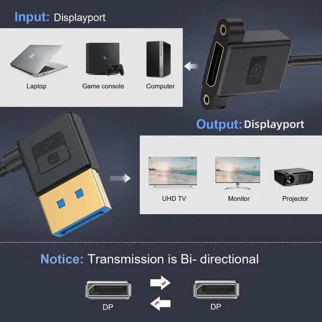 Alt view image 4 of 7 - DisplayPort 1.4 Cable DisplayPort Male to Female 90 Degree Right Angled 8K@60Hz 4K@240Hz 32.4Gbps High Speed Gold Plated Ultrafine Extension Cable Panel Mount Type 0.98FT/0.3M