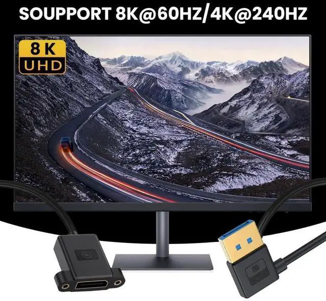 Alt view image 3 of 7 - DisplayPort 1.4 Cable DisplayPort Male to Female 90 Degree Right Angled 8K@60Hz 4K@240Hz 32.4Gbps High Speed Gold Plated Ultrafine Extension Cable Panel Mount Type 0.98FT/0.3M