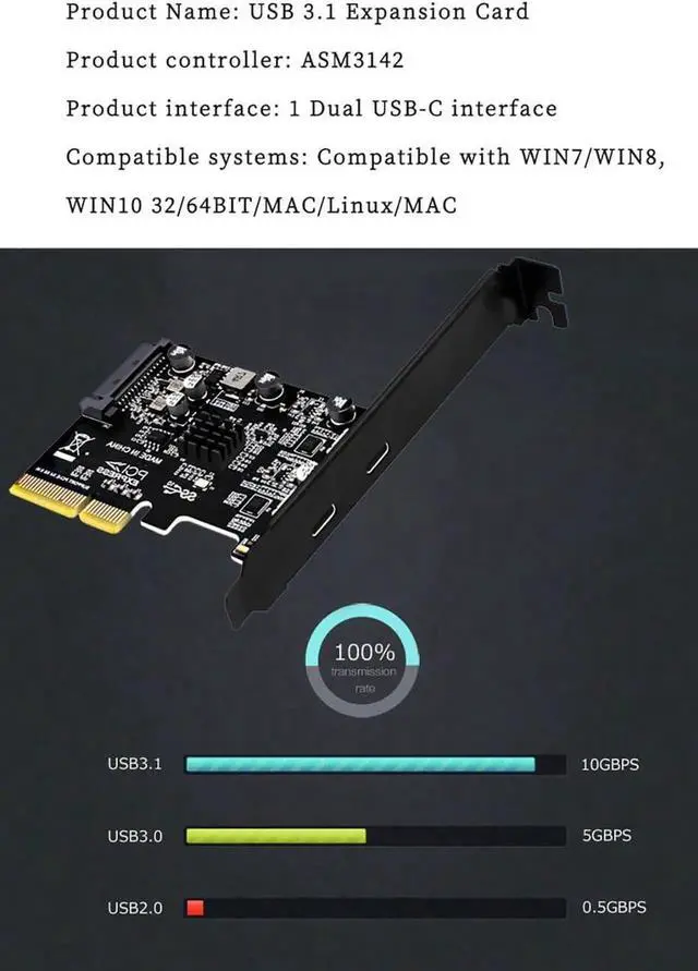 Alt view image 7 of 7 - PH65CC PCIE3.0 to USB3.1 + USB-C Expansion Card 10Gbps with Full and Half Baffle Support PCI-E X4 X8 X16
