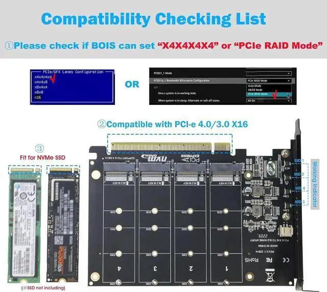 Alt view image 4 of 6 - NVMe PCIe Adapter, RIITOP 4-Port NVMe to PCI-e 4.0/3.0 x16 Expand Controller Card with Heatsink for 2280/2260/2242/2230 M.2 NVMe SSD (PCI-e Bifurcation Required)