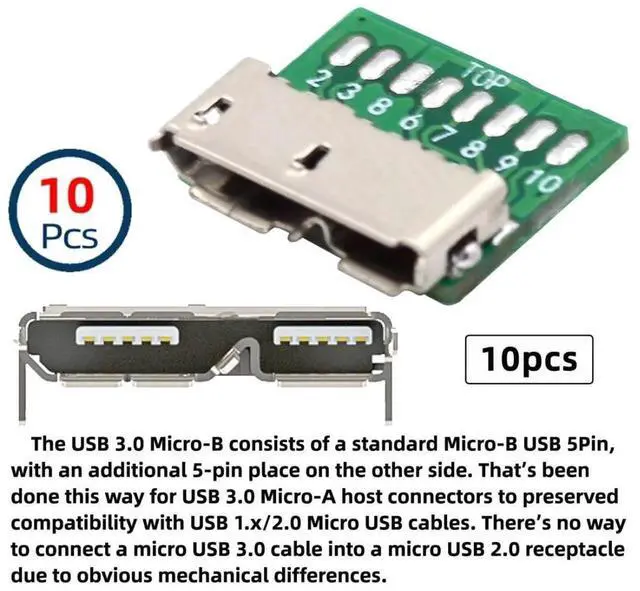 Alt view image 2 of 7 - 10 Pack USB 3.0 Micro-B DIY Connector Micro USB 3.0 10Pin Female Socket Port Repair Replacement Solder Adapter