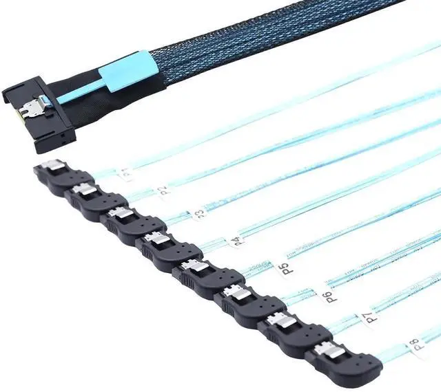 Alt view image 3 of 6 - MCIO PCIe Slimline SFF-8654 8i to 8* SATA 7P Right Angle Hard Drive Converter Cable \u2013 32AWG 85m High Speed Internal Harness (0.5M/19.68in)