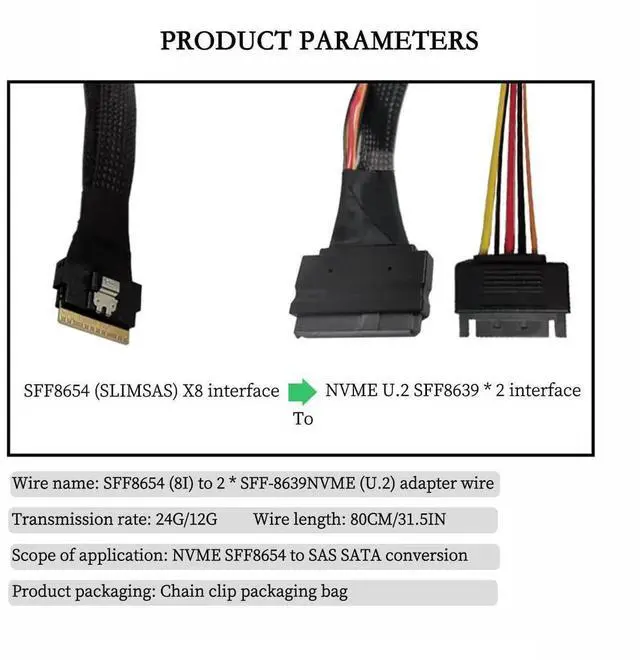 Alt view image 2 of 6 - SFF-8654 8i to Dual SFF-8639 NVMe (U.2) Cable 80cm SlimSAS to SAS/SATA Data Transfer Cable Compatible with NVMe SSDs