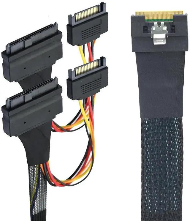 Alt view image 3 of 6 - Slimline SFF-8654 8i to Dual SFF-8639 U.2 + 15-Pin Cable 24Gbps High-Speed Server Interconnect, 85 Ohm Copper Wire (0.5m)