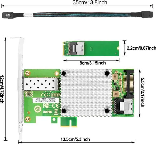 Alt view image 5 of 6 - M.2 to 10GbE SFP+ NIC, Single SFP+ Port with In-tel 82599 chip, M.2 + M Key + SFF-8087 with 35cm(13.7in) Cable, 10 Gigabit Network Card for Windows, Linux, UEFI