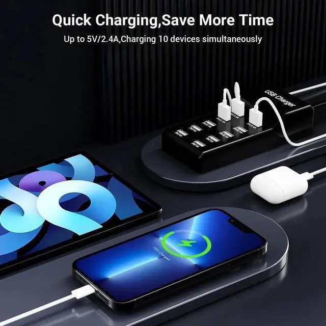 Alt view image 6 of 6 - USB Charger 50w10A 10 Port USB Charging Station, Multiport Charger Hub, Compatible with iPhone, Galaxy, iPad Tablet, and Other Devices (Black)