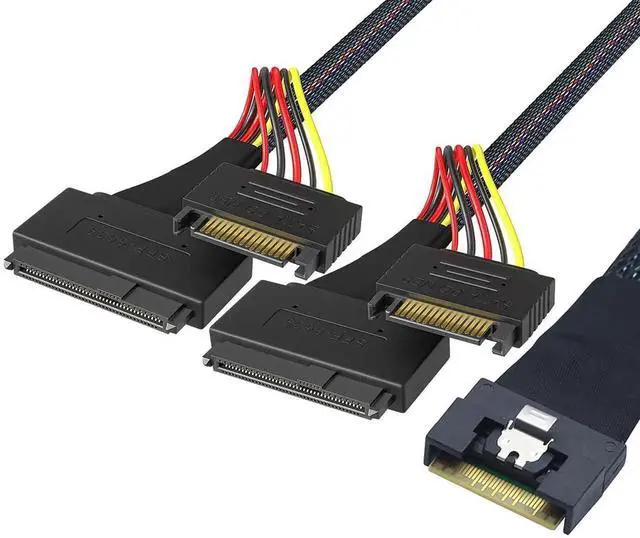 Main image of Slimline SFF-8654 8i to Dual SFF-8639 U.2 + 15-Pin Cable \u2013 24Gbps High-Speed Server Interconnect, 85 Ohm Copper Wire (0.8m)