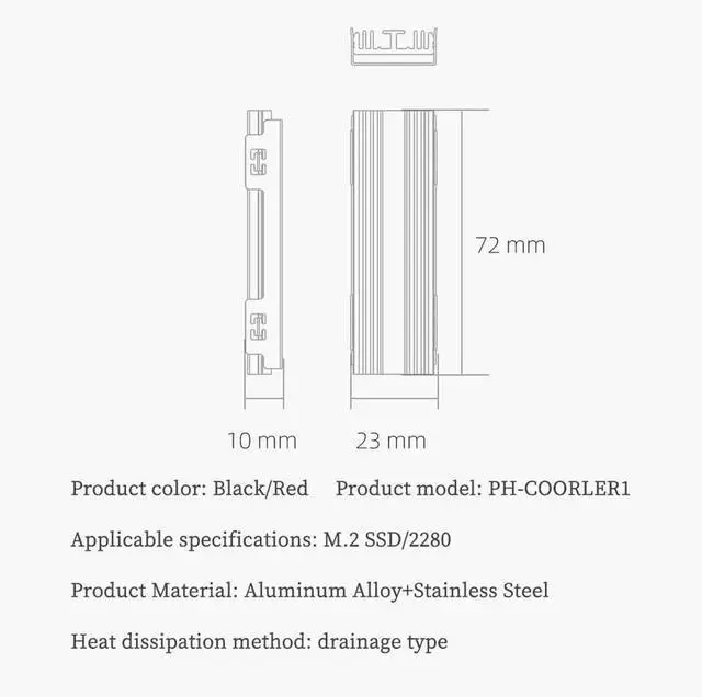 Alt view image 3 of 7 - PH_COOLER1 M.2 SSD Heatsink NVMe M.2 2280 Solid-State Drive Aluminum Alloy Heat Spreader (Black)