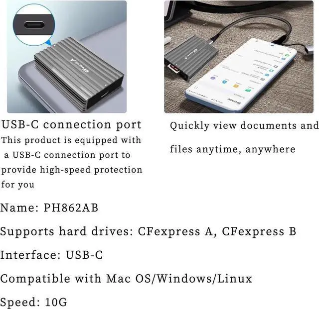 Alt view image 3 of 7 - PH862B CF Express A/B CFE Card Reader 10G USB3.2 High Speed with Aluminum Alloy Heat-Sink C to C/A Cable Compatible with Z6/Z7 1DX3 (PH862B for CFE A/B Card)