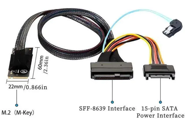 Alt view image 4 of 5 - M.2 M-Key SFF-8643 to U.2 SFF-8639 with SATA 15Pin and 7Pin Right Angle Cable 12Gbps High Speed 32AWG Server Data Cable for NVMe SSD, RAID Controller (1m/39.37in)