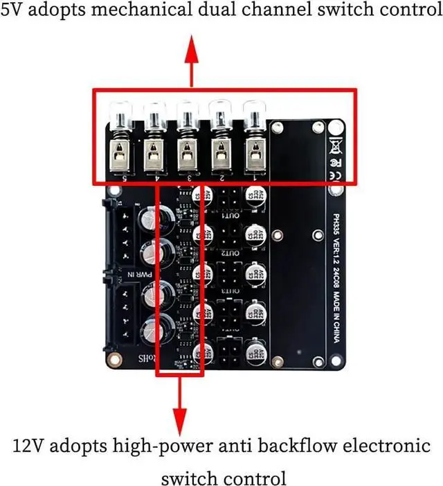 Alt view image 7 of 7 - PH335 5-Way Hard Disk Control Board Computer Host ATX Power 12V 5V Switcher SATA Large 4Pin Power Control Switch