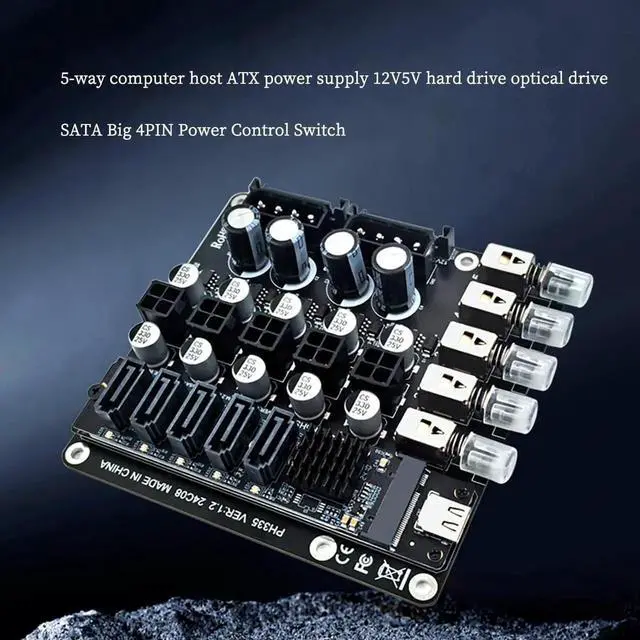 Alt view image 4 of 7 - PH335 5-Way Hard Disk Control Board Computer Host ATX Power 12V 5V Switcher SATA Large 4Pin Power Control Switch