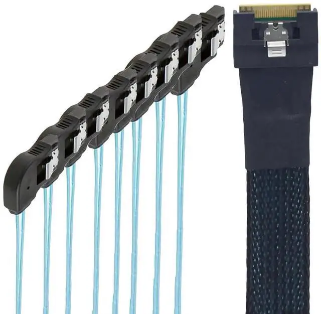 Main image of Slimline 4.0 SFF-8654 8i to 8X SATA Right-Angle Cable, Full Cover Anti-Misplug Design, 24Gbps High-Speed Server Hard Drive Data Cable Compatible with RAID Controller, Workstation (1m/39.37in)