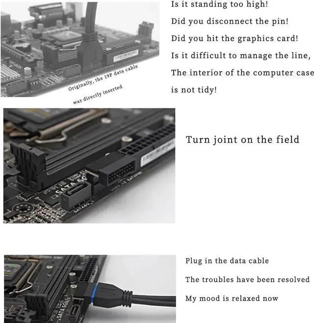 Alt view image 5 of 5 - PH19 Motherboard USB 3.0 19P 20P to 90-Degree Connector Adapter Vertical Header to Right Angle Adapter for Desktop Chassis CPU Wiring Beautification (PH19A - Black)