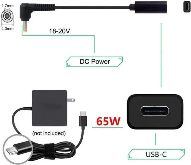 Alt view image 2 of 7 - USB C to DC 20V 4.0x1.7mm PD 65W Charge Cable for Laptop