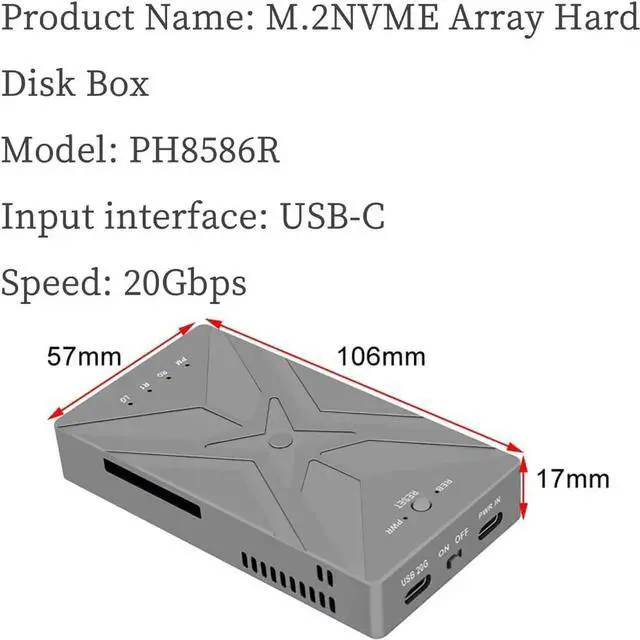 Alt view image 7 of 7 - PH8586R M.2 NVME SSD Enclosure 20G USB3.2 GEN2X2 RAID Adapter Support M.2 NVME 2230 2242 2260 2280 SSD