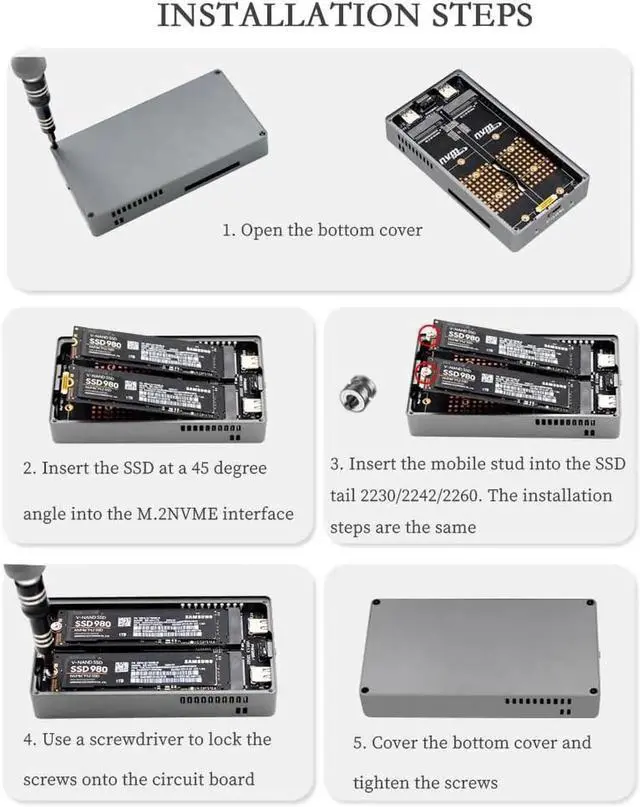 Alt view image 5 of 7 - PH8586R M.2 NVME SSD Enclosure 20G USB3.2 GEN2X2 RAID Adapter Support M.2 NVME 2230 2242 2260 2280 SSD