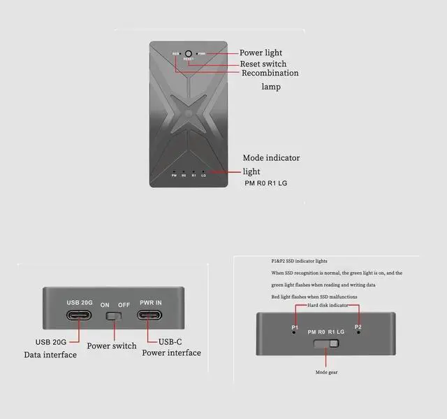 Alt view image 2 of 7 - PH8586R M.2 NVME SSD Enclosure 20G USB3.2 GEN2X2 RAID Adapter Support M.2 NVME 2230 2242 2260 2280 SSD