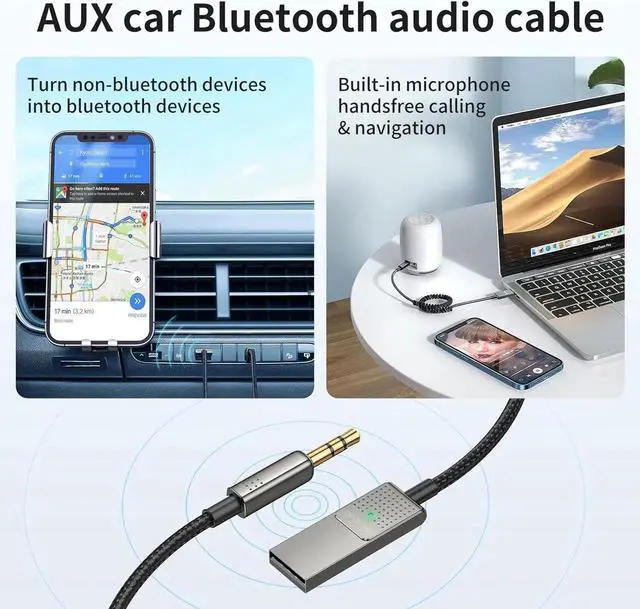 Alt view image 6 of 7 - Aux Bluetooth Adapter 5.3 with Built-in Microphone CD Quality 10M Transmission Bluetooth Receiver USB 2.0 to 3.5mm Wireless Car Kit Auxiliary Incoming Calls Hands-Free Instant Car Start Compati