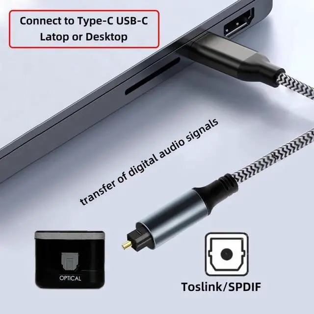 Alt view image 7 of 7 - Cable Type-C to SPDIF Toslink Optical Audio Cable Opt Male USB-C to Digital Optical Fiber Optic Sound Interface Male Adapter Wire for Desktop Laptop