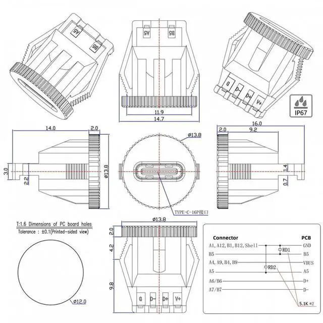 Alt view image 5 of 7 - 5pcs/set DIY OEM Type C Female Socket Connector to 6Pin PCBA Pinout Round Latch Mount Type DC 5V/20V PD Power IP67