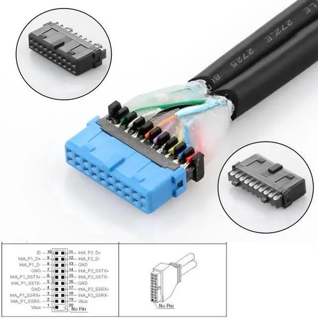 Alt view image 7 of 7 - Left Angled 19/20Pin Header to USB 3.0 Dual Ports Female Screw Mount Type Cable 90 Degree 5Gbps