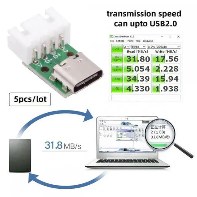 Alt view image 5 of 7 - Cable 5pcs/set DIY OEM Type C Female Socket Connector to 4Pin Pitch=2.54mm Wafer Socket Horizontal USB2.0 Pinout DC 5V Power
