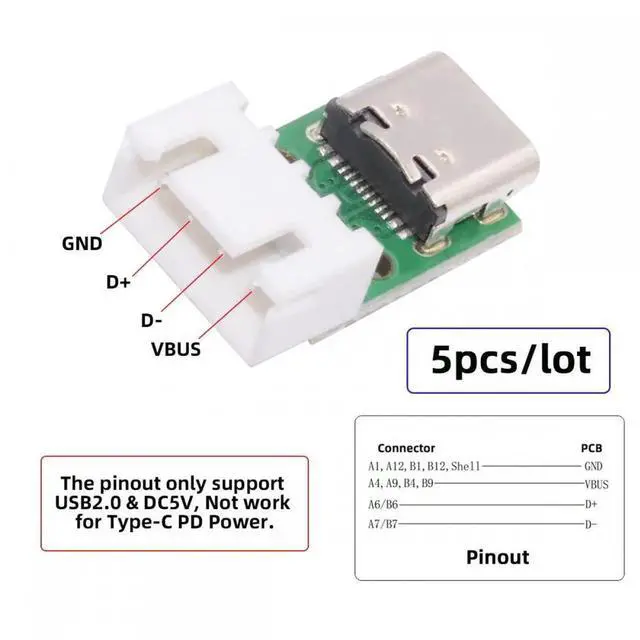 Alt view image 3 of 7 - Cable 5pcs/set DIY OEM Type C Female Socket Connector to 4Pin Pitch=2.54mm Wafer Socket Horizontal USB2.0 Pinout DC 5V Power