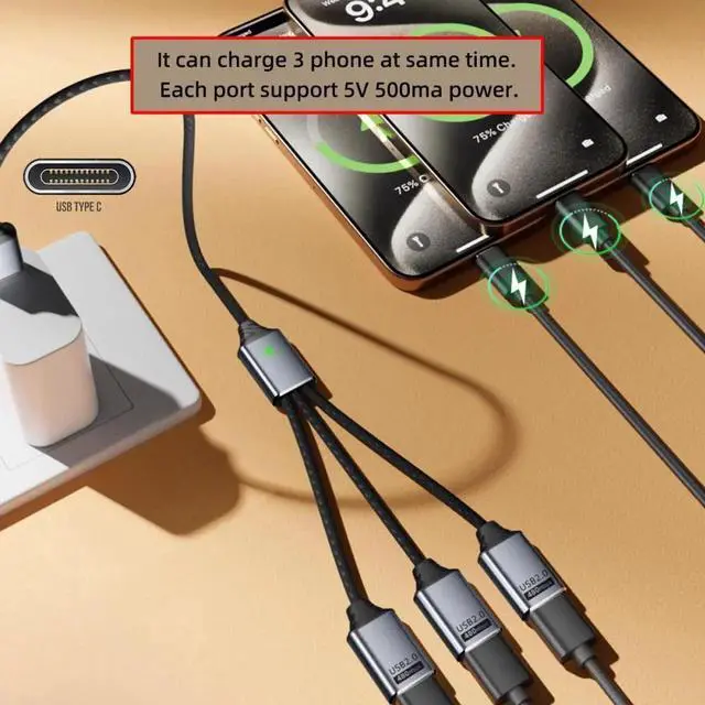 Alt view image 5 of 7 - Cable USB 2.0 Type-C USB-C to 3 Ports Hub Cable Bus Power 1 to 3 Data for Laptop Desktop Phone Mouse Keyboard Printer Disk