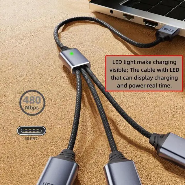 Alt view image 7 of 7 - Cable USB 2.0 Type-C USB-C to 3 Ports Hub Cable Bus Power 1 to 3 Data for Laptop Desktop Phone Mouse Keyboard Printer Disk