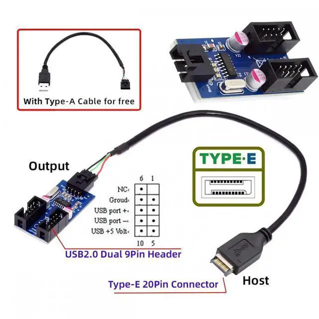 Alt view image 2 of 7 - USB 3.1 Front Panel Header Type-E to 4pin IDC Housing USB Type-A Male 1 to 2 Female Motherboard 9pin Header HUB Adapter Port Multiplier