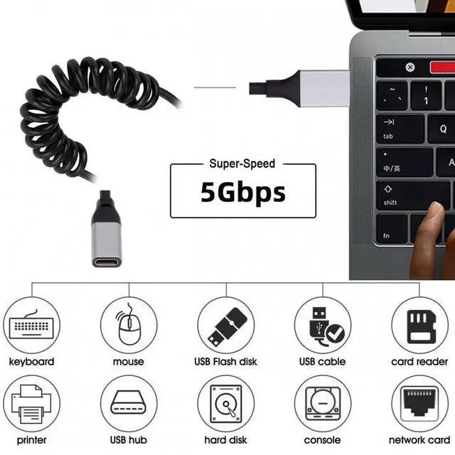 Alt view image 5 of 7 - USB 3.0 Type-A Male to USB-C Type-C Female Stretch Coiled Cable 100cm Extension 5Gbps for Disk Phone Camera Data