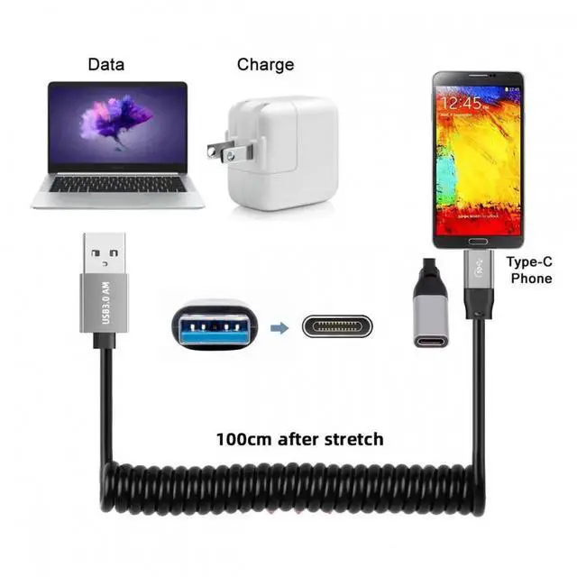 Alt view image 6 of 7 - USB 3.0 Type-A Male to USB-C Type-C Female Stretch Coiled Cable 100cm Extension 5Gbps for Disk Phone Camera Data