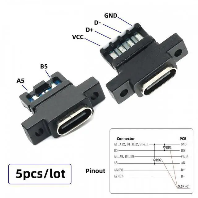 Alt view image 5 of 7 - 5pcs/set DIY OEM Type C Female Socket Connector to 6Pin PCBA Pinout Vertical Scew Mount Type DC 5V/20V PD Power