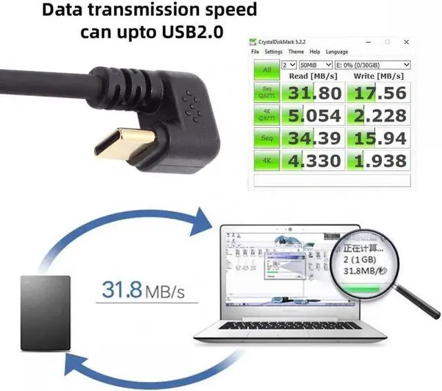 Alt view image 4 of 7 - USB2.0 Type-A to Type C USB-C Male to Male Power Data Cable 480Mbps USB-C Opposite U Shape Back Angled