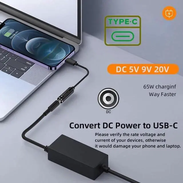 Alt view image 2 of 7 - DC Jack 2.5x0.7mm Input to USB-C Type-C Power Plug Charge Cable for Laptop Phone PD9V 5V 20V