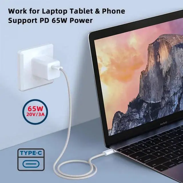 Alt view image 2 of 7 - 2.0M USB-C Type C Male to Male PD 27W 65W Power 480Mbps Data Cable White Sleeve for Phone & Tablet & Laptop