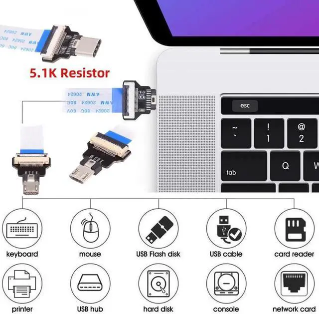 Alt view image 2 of 7 - OTG USB-C Type-C Male Host to 5Pin Micro USB 2.0 Male Target Data Flat Slim FPC Cable 13cm for FPV Disk Phone Laptop
