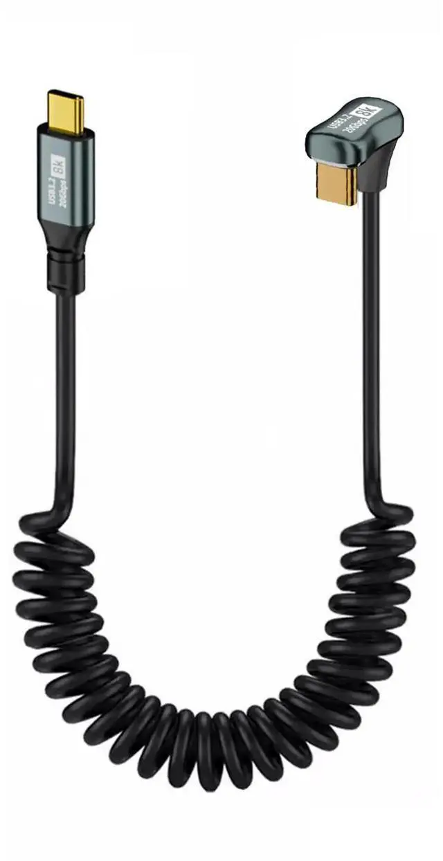 Main image of Stretch Coiled USB-C USB4 Cable 20Gbps 100W 8K Type-C Opposite Back Angled Male to Male Cable Power & Data for Laptop Keyboard Tablet